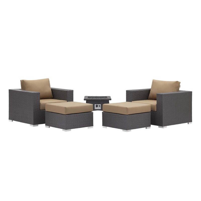 Modway Convene 5-Piece Outdoor Wicker Rattan Set w/ Fire Pit in Espresso/Mocha