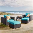 Modway Convene 5-Piece Patio Wicker Rattan Set w/ Fire Pit - Espresso/Turquoise
