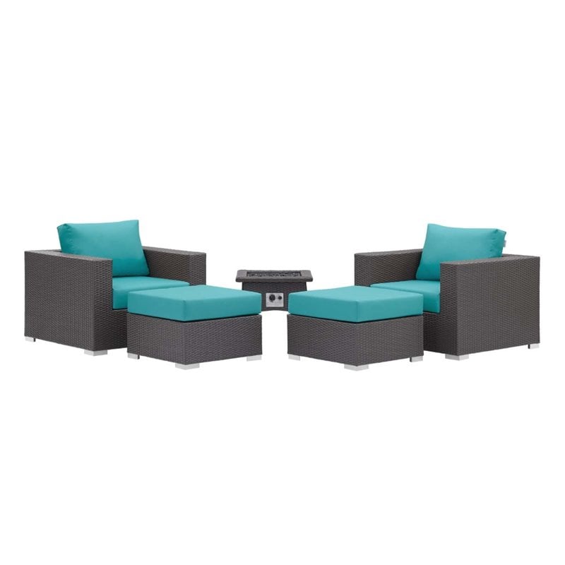Modway Convene 5-Piece Patio Wicker Rattan Set w/ Fire Pit - Espresso/Turquoise