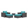 Modway Convene 5-Piece Patio Wicker Rattan Set w/ Fire Pit - Espresso/Turquoise