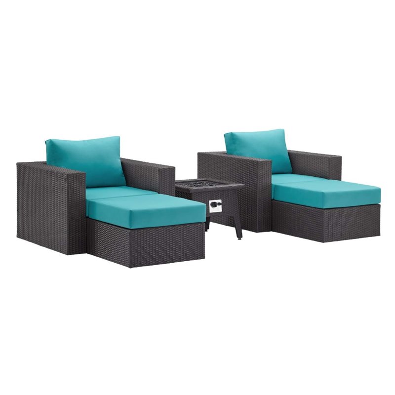 Modway Convene 5-Piece Patio Wicker Rattan Set w/ Fire Pit - Espresso/Turquoise