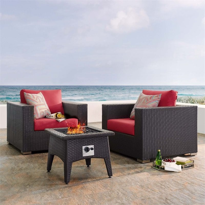 Modway Convene 3-Piece Outdoor Wicker Rattan Set w/ Fire Pit in Espresso/Red