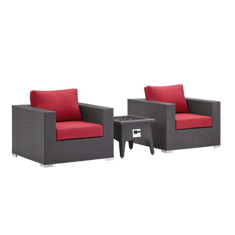 Modway Convene 3-Piece Outdoor Wicker Rattan Set w/ Fire Pit in Espresso/Red