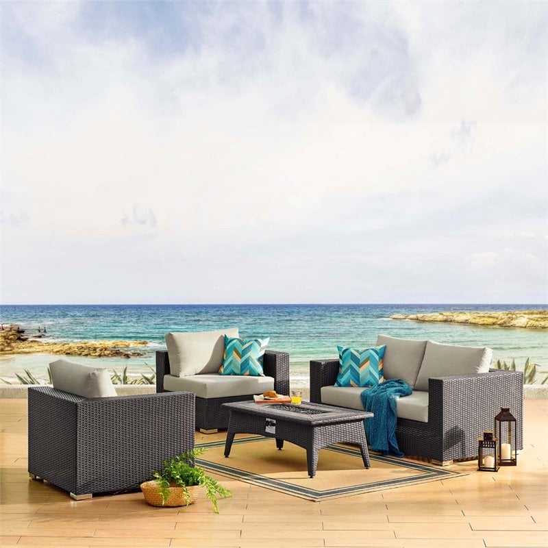 Modway Convene 5-Piece Outdoor Wicker Rattan Set with Fire Pit in Espresso/Beige