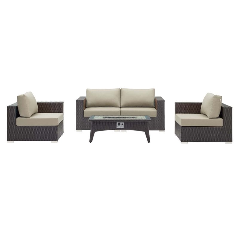 Modway Convene 5-Piece Outdoor Wicker Rattan Set with Fire Pit in Espresso/Beige