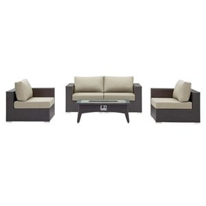 Modway Convene 5-Piece Outdoor Wicker Rattan Set with Fire Pit in Espresso/Beige