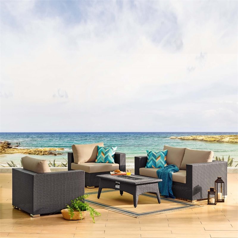Modway Convene 5-Piece Outdoor Wicker Rattan Set with Fire Pit in Espresso/Mocha