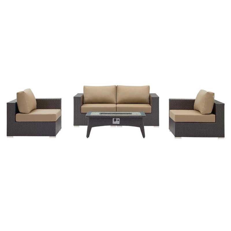 Modway Convene 5-Piece Outdoor Wicker Rattan Set with Fire Pit in Espresso/Mocha