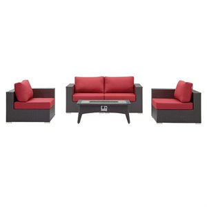 Modway Convene 5 Piece Patio Sofa Set with Fire Pit in Espresso and Red