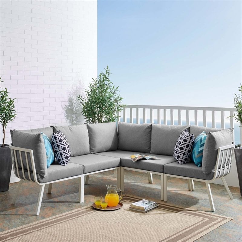 Modway Riverside 5-Piece Outdoor Patio Aluminum Sectional in White/Gray