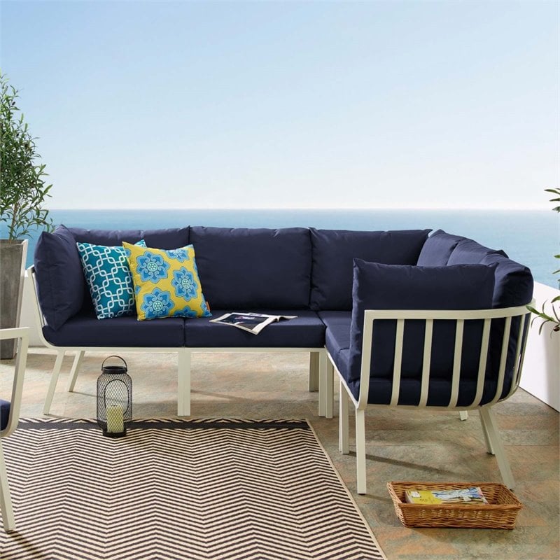 Modway Riverside 5-Piece Outdoor Patio Aluminum Sectional in White/Navy