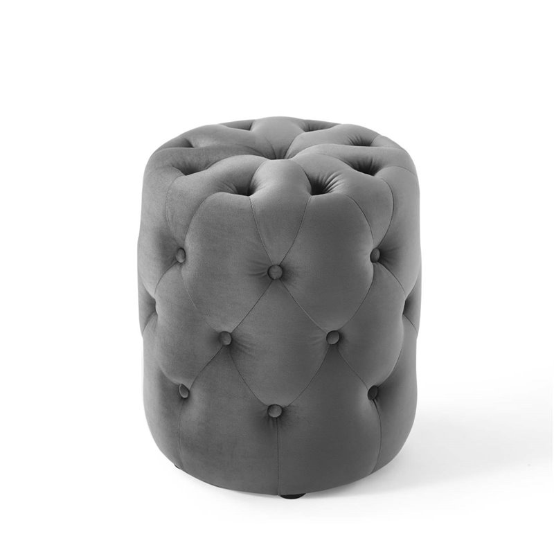 Modway Amour Tufted Button Round Performance Velvet Ottoman in Gray
