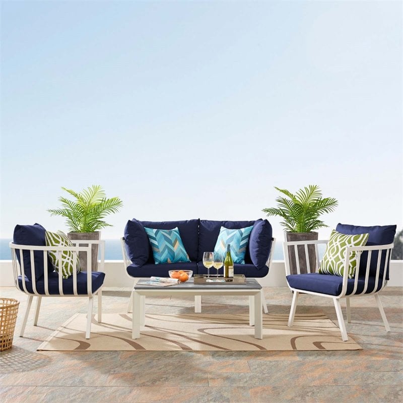 Modway Riverside 5-Piece Outdoor Patio Aluminum Set in White and Navy