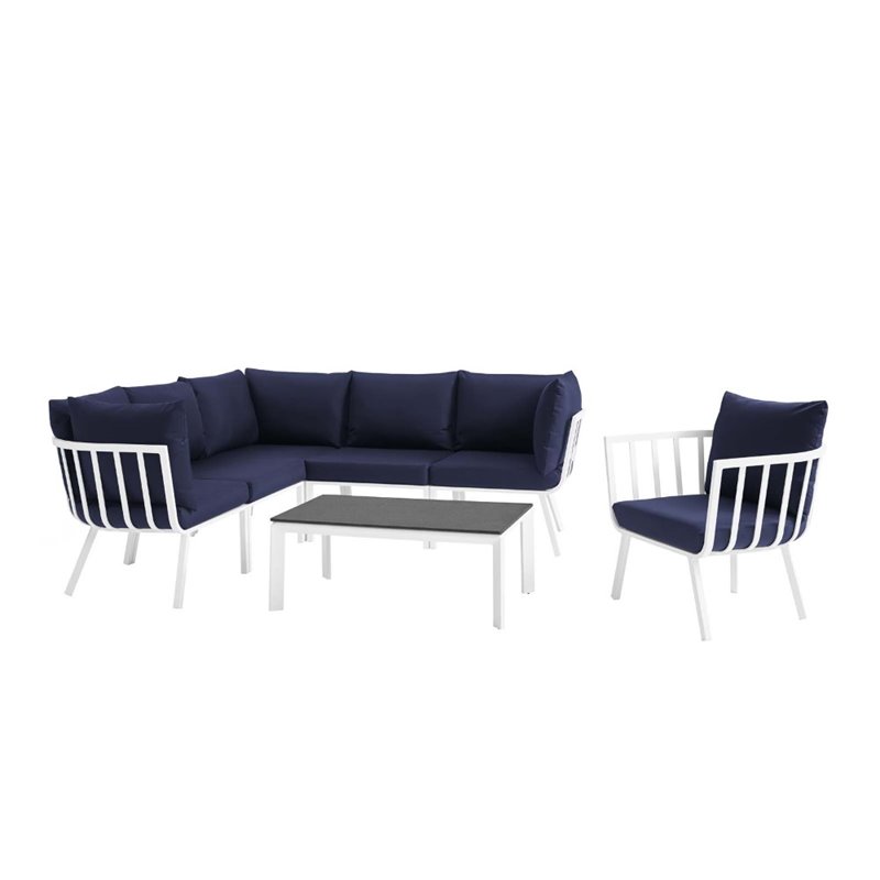 Modway Riverside 7-Piece Outdoor Patio Aluminum Set in White/Navy