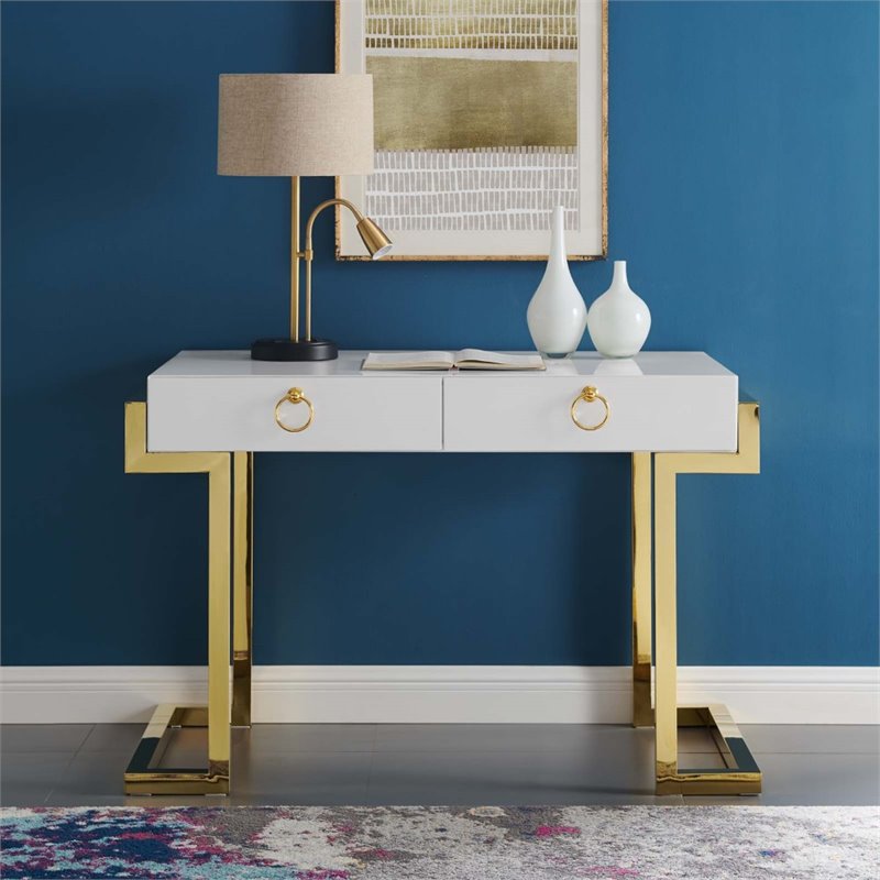 modway ring modern style stainless steel office writing desk in gold/white