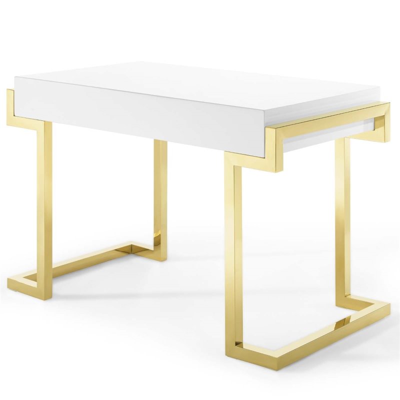 modway ring modern style stainless steel office writing desk in gold/white