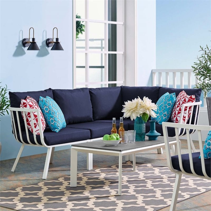 Modway Riverside 5-Piece Outdoor Patio Aluminum Set in White/Navy