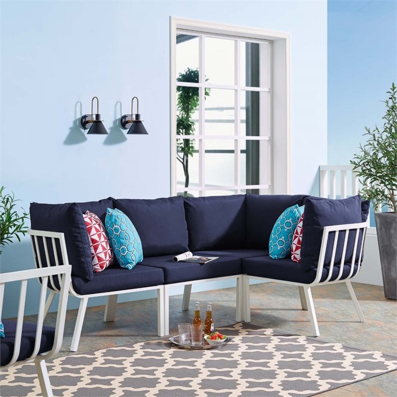 Modway Riverside 4-Piece Outdoor Patio Aluminum Sectional in White/Navy