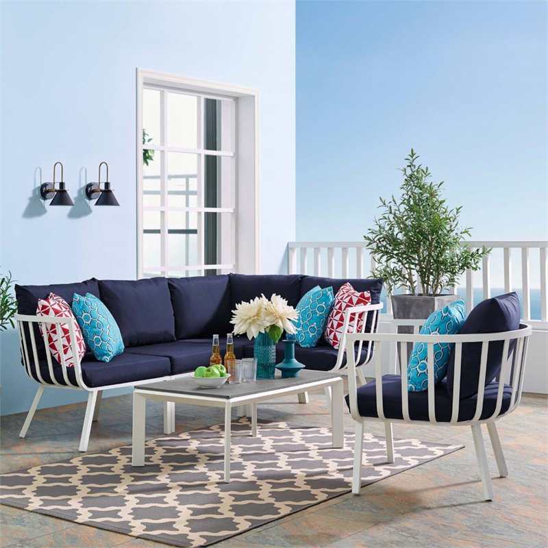 Modway Riverside 6-Piece Outdoor Patio Aluminum Set in White/Navy