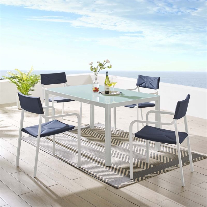 Modway Raleigh 5 Piece Aluminum Patio Dining Set in White and Navy