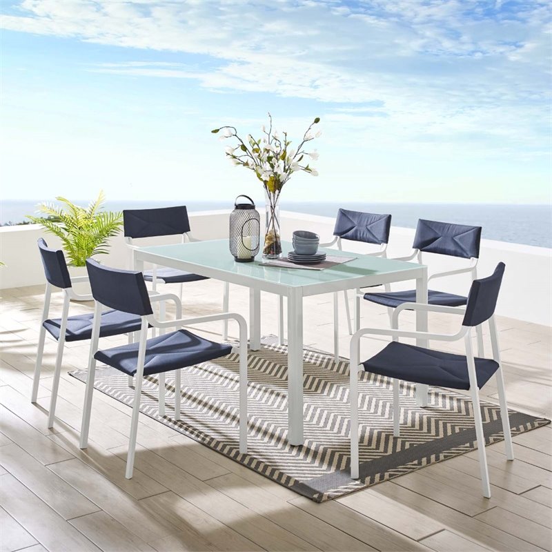Modway Raleigh 7-Piece Aluminum Fabric Outdoor Patio Dining Set in White/Navy