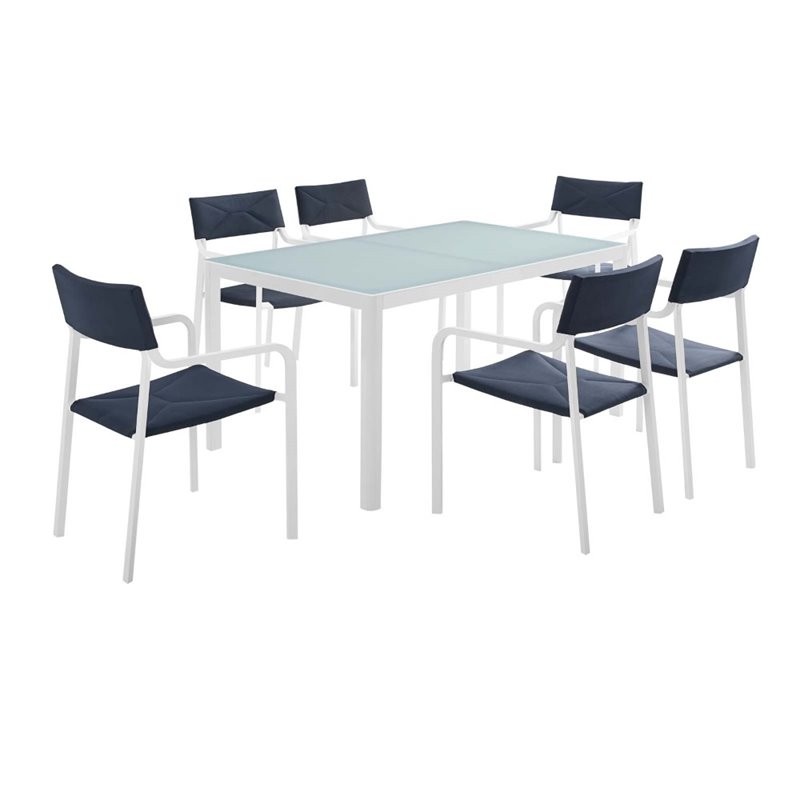 Modway Raleigh 7 Piece Aluminum Patio Dining Set In White And Navy Eei 3797 Whi Nav