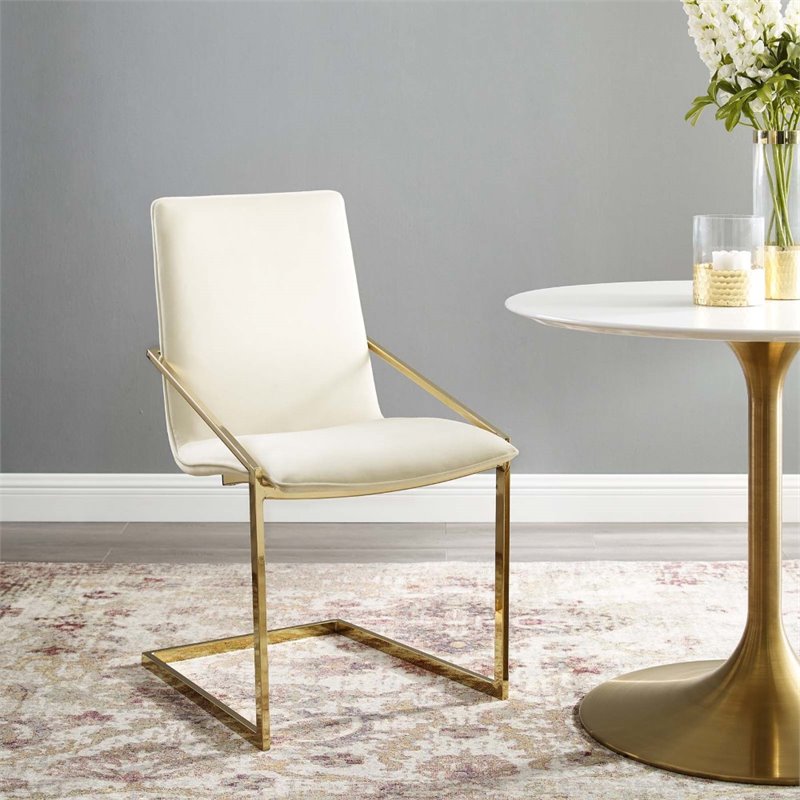 modway pitch 20.5&quot velvet and stainless steel dining armchair in gold/ivory
