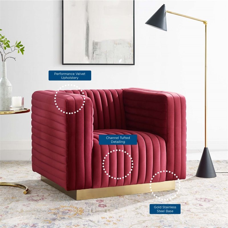 Modway Charisma Channel Tufted Performance Velvet Accent Armchair in Maroon