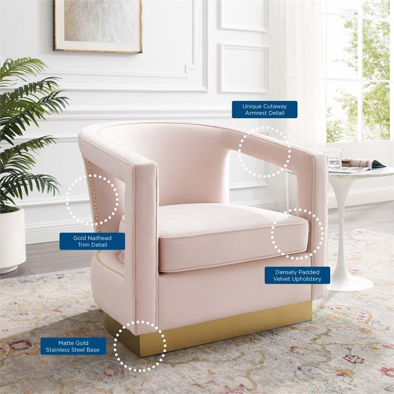 Modway Frolick Performance Velvet and Stainless Steel Armchair in Pink