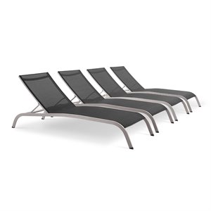Modway Savannah Modern Aluminum Patio Chaise Lounge in Black (Set of 4)