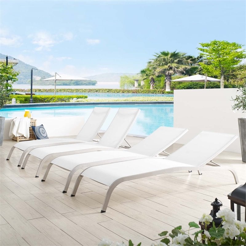 Modway Savannah Modern Aluminum Patio Chaise Lounge in White (Set of 4)