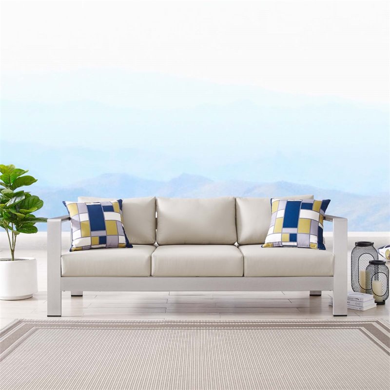 Modway Shore Outdoor Patio Aluminum and Fabric Sofa in Silver/Beige