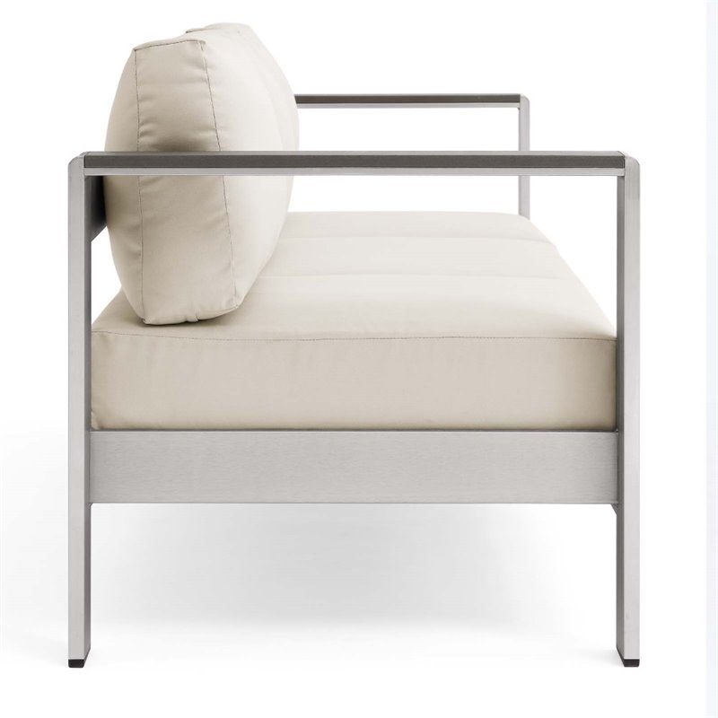 Modway Shore Outdoor Patio Aluminum and Fabric Sofa in Silver/Beige
