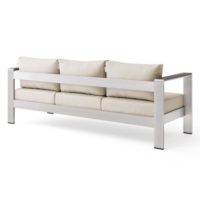 Modway Shore Outdoor Patio Aluminum and Fabric Sofa in Silver/Beige