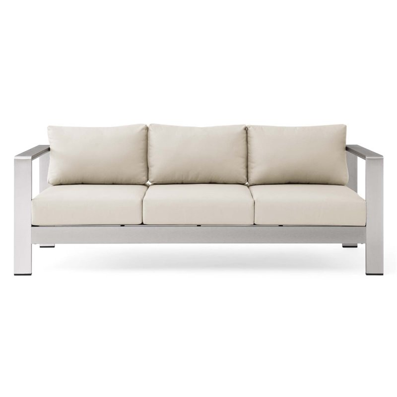 Modway Shore Outdoor Patio Aluminum and Fabric Sofa in Silver/Beige