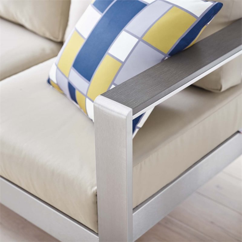 Modway Shore Outdoor Patio Aluminum and Fabric Sofa in Silver/Beige