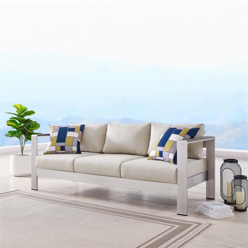Modway Shore Outdoor Patio Aluminum and Fabric Sofa in Silver/Beige