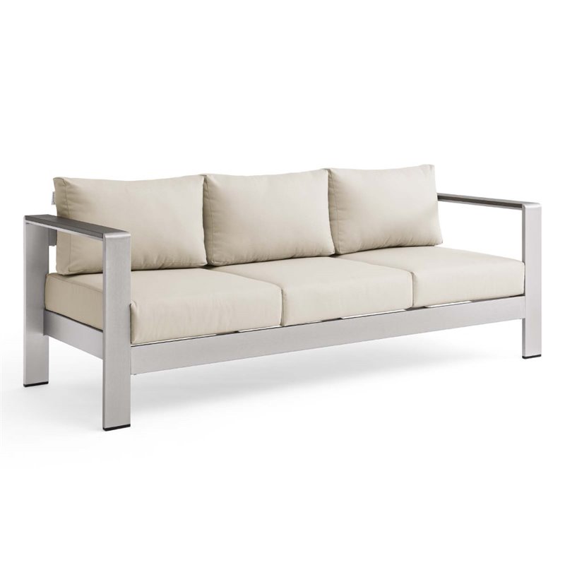Modway Shore Outdoor Patio Aluminum and Fabric Sofa in Silver/Beige