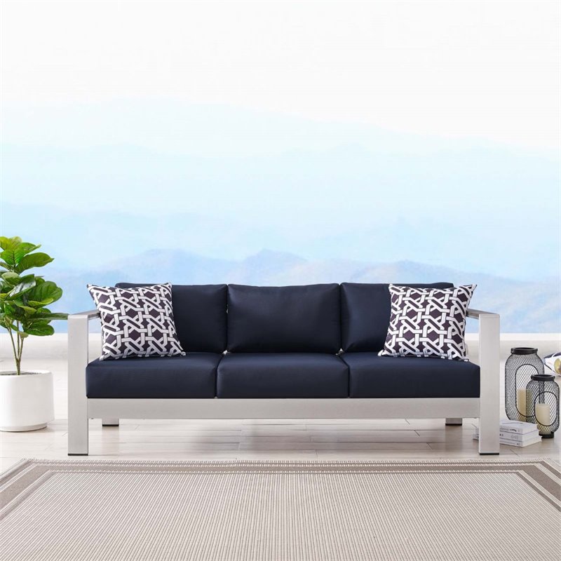 Modway Shore Outdoor Patio Aluminum and Fabric Sofa in Silver/Navy
