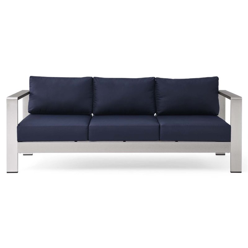 Modway Shore Outdoor Patio Aluminum and Fabric Sofa in Silver/Navy