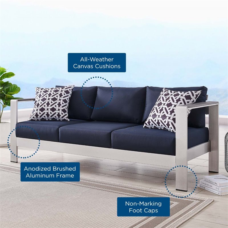 Modway Shore Outdoor Patio Aluminum and Fabric Sofa in Silver/Navy