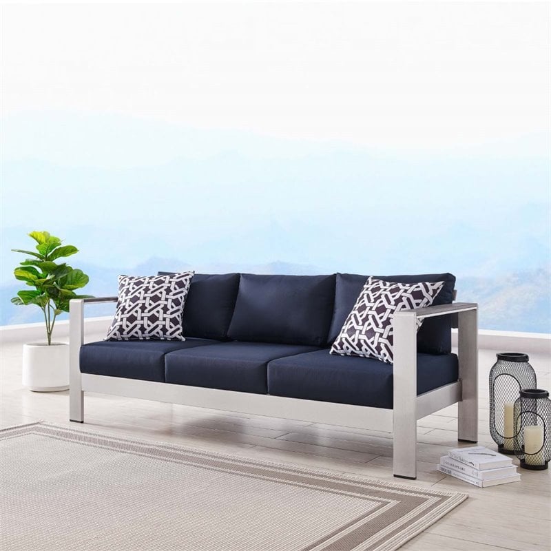 Modway Shore Outdoor Patio Aluminum and Fabric Sofa in Silver/Navy