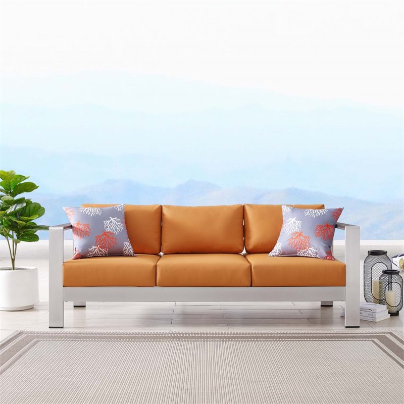 Modway Shore Outdoor Patio Aluminum and Fabric Sofa in Silver/Orange