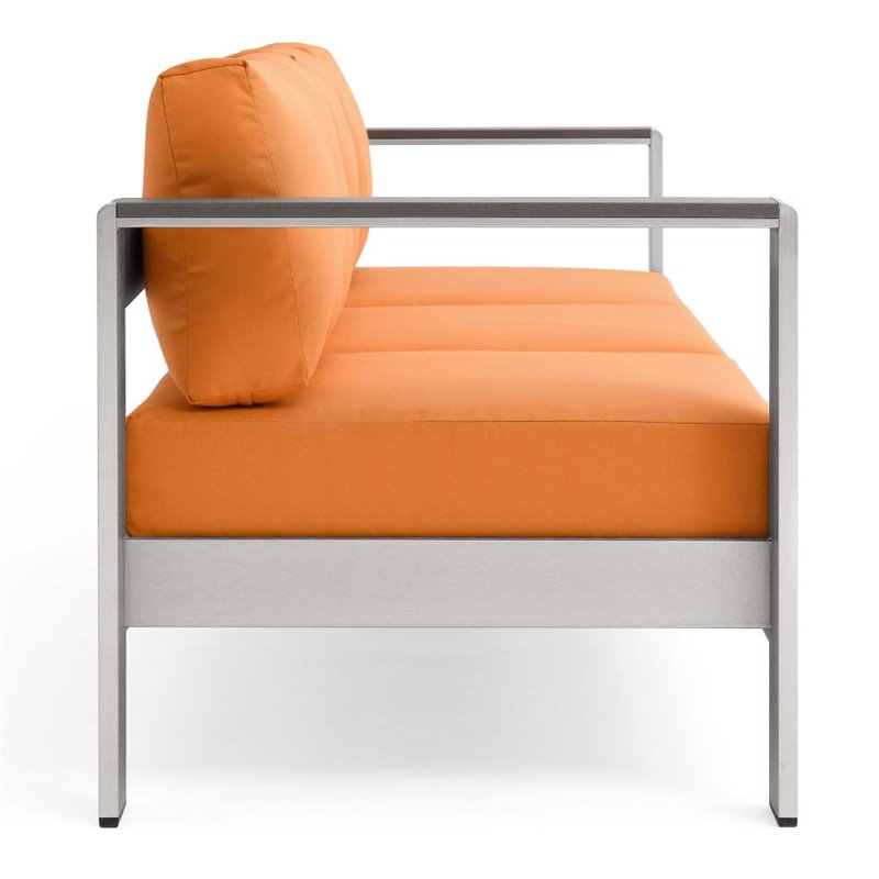Modway Shore Outdoor Patio Aluminum and Fabric Sofa in Silver/Orange