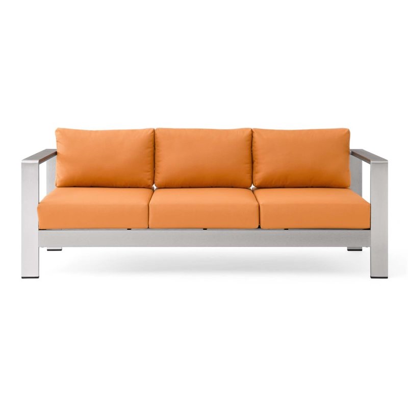 Modway Shore Outdoor Patio Aluminum and Fabric Sofa in Silver/Orange
