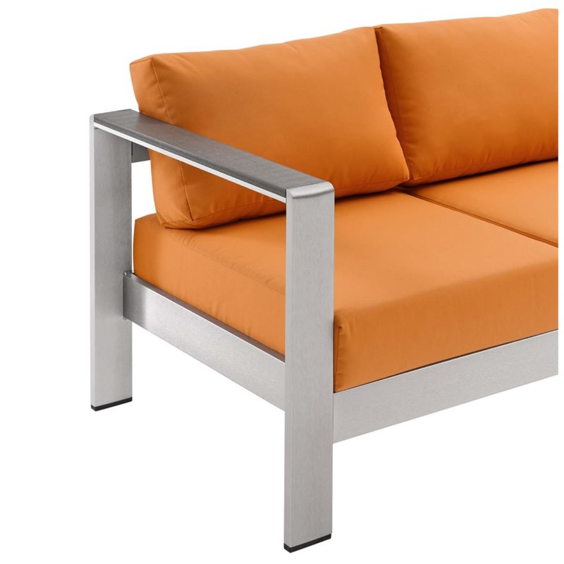Modway Shore Outdoor Patio Aluminum and Fabric Sofa in Silver/Orange