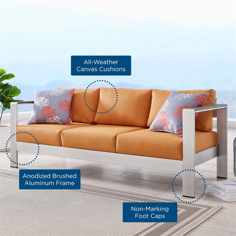 Modway Shore Outdoor Patio Aluminum and Fabric Sofa in Silver/Orange