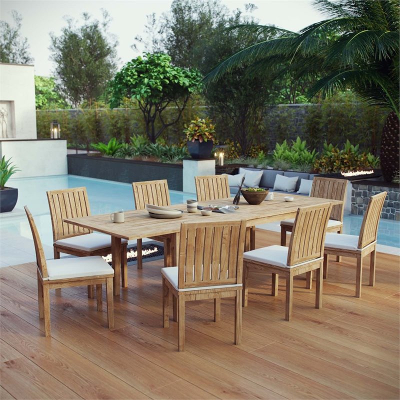 Modway Marina 9-Piece Modern Solid Teak Wood Outdoor Dining Set in Natural/White