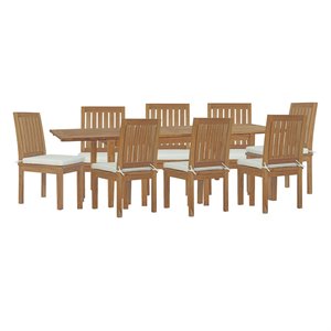 Modway Marina 9-Piece Modern Solid Teak Wood Outdoor Dining Set in Natural/White