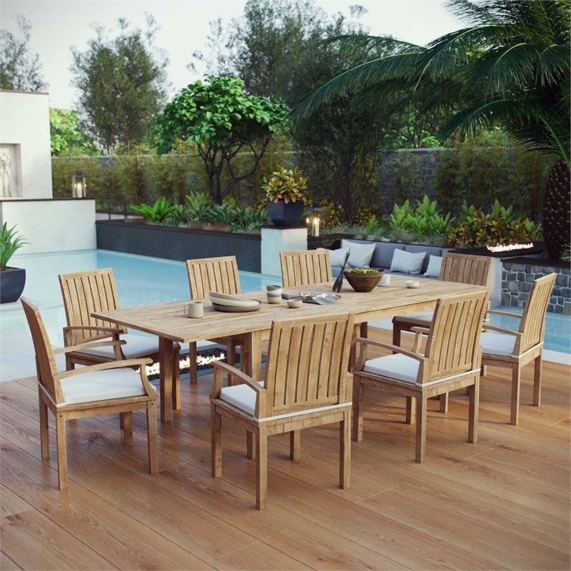 Modway Marina 9-Piece Modern Solid Teak Wood Patio Dining Set in Natural/White